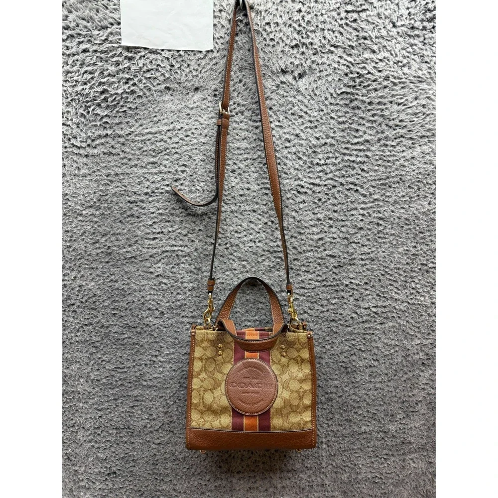 Coach Dempsey Tote Bag Signature Jacquard Stripe Coach Patch C8417 Khaki Red